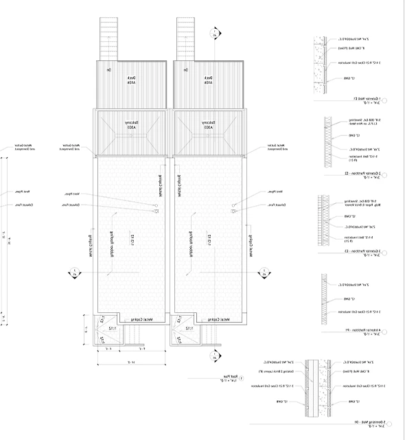 Revit architectural drawings: floor plans and wall sections for commercial building design.